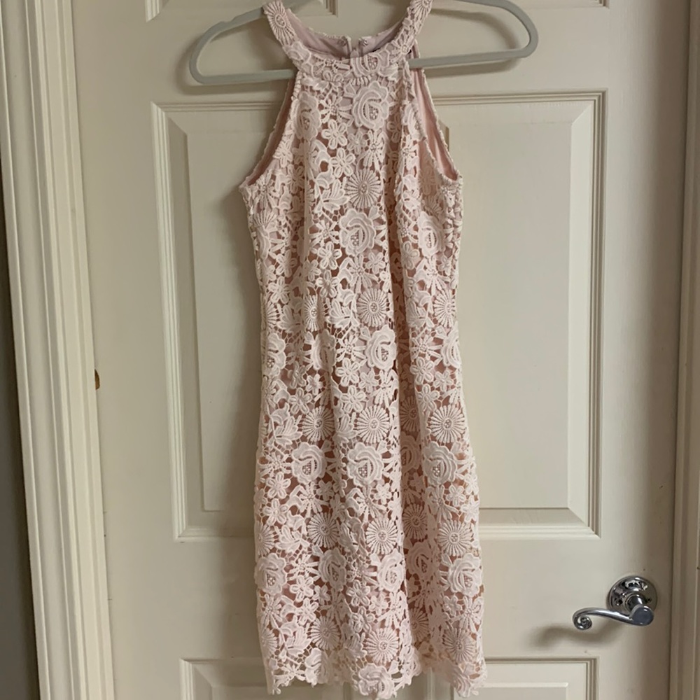 Lulus pink halter dress lined with lace overlay